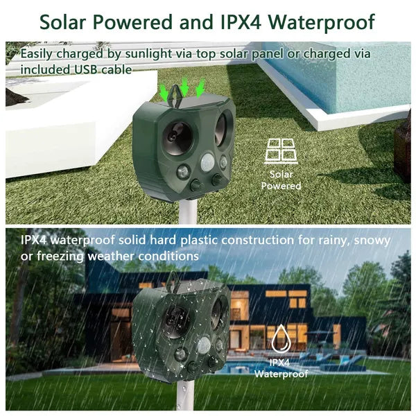 Solar-Powered Ultrasonic Animal Repeller with Motion Sensor & Flashing Lights (800mAh, IP44)