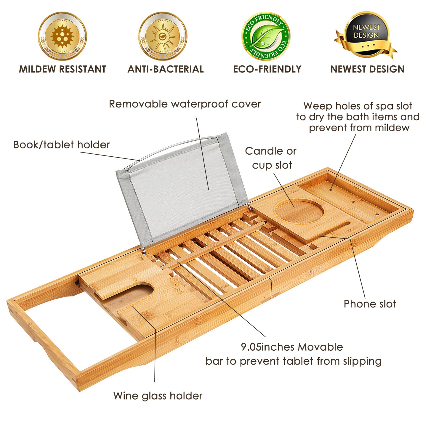 Bamboo Bathtub Caddy Tray – Expandable Bathroom Bath Shelf