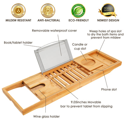 Bamboo Bathtub Caddy Tray – Expandable Bathroom Bath Shelf