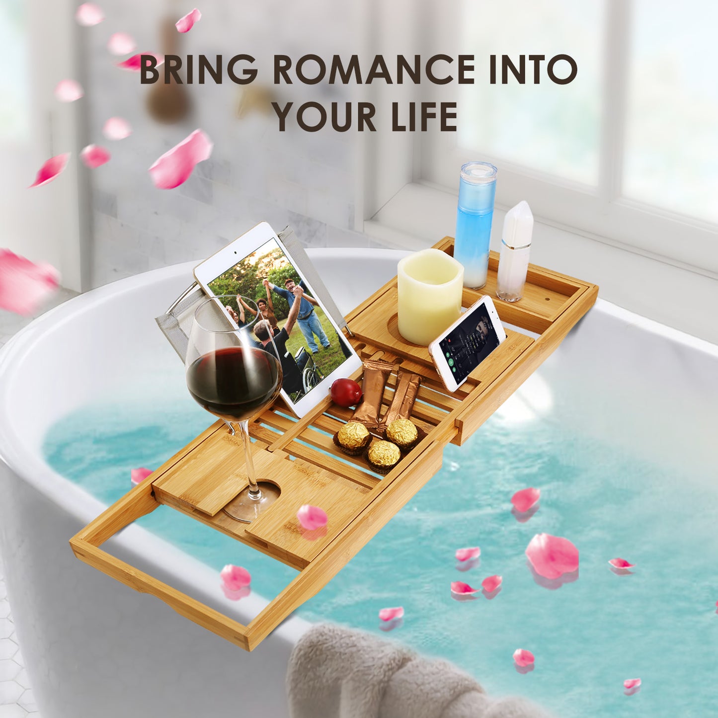 Bamboo Bathtub Caddy Tray – Expandable Bathroom Bath Shelf