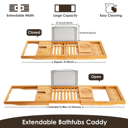 Bamboo Bathtub Caddy Tray – Expandable Bathroom Bath Shelf