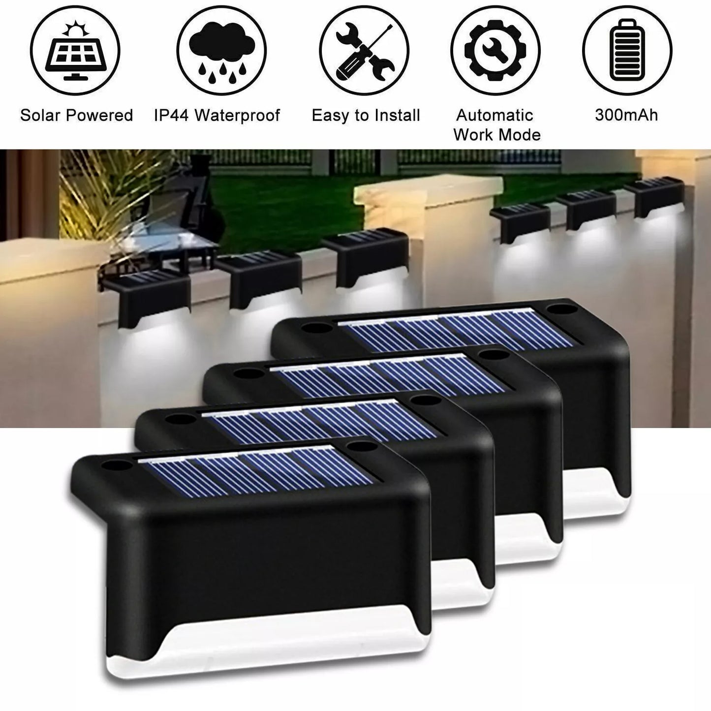 4-Pack Solar LED Deck Lights – Outdoor Waterproof Step, Railing, Fence & Path Lighting