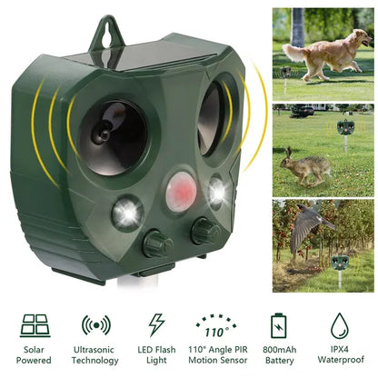 Solar-Powered Ultrasonic Animal Repeller with Motion Sensor & Flashing Lights (800mAh, IP44)
