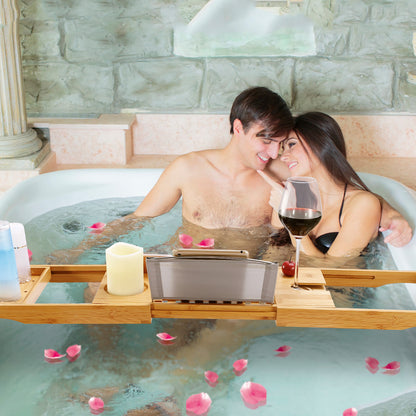 Bamboo Bathtub Caddy Tray – Expandable Bathroom Bath Shelf