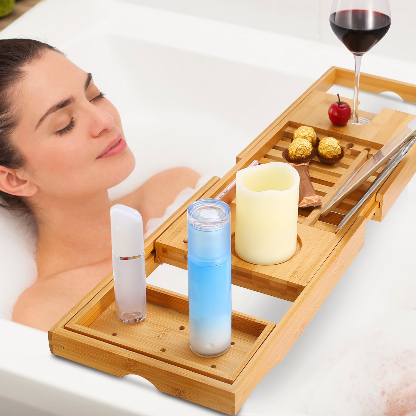 Bamboo Bathtub Caddy Tray – Expandable Bathroom Bath Shelf