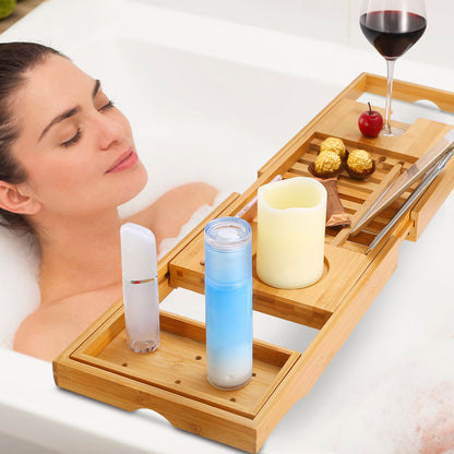 Bamboo Bathtub Caddy Tray – Expandable Bathroom Bath Shelf