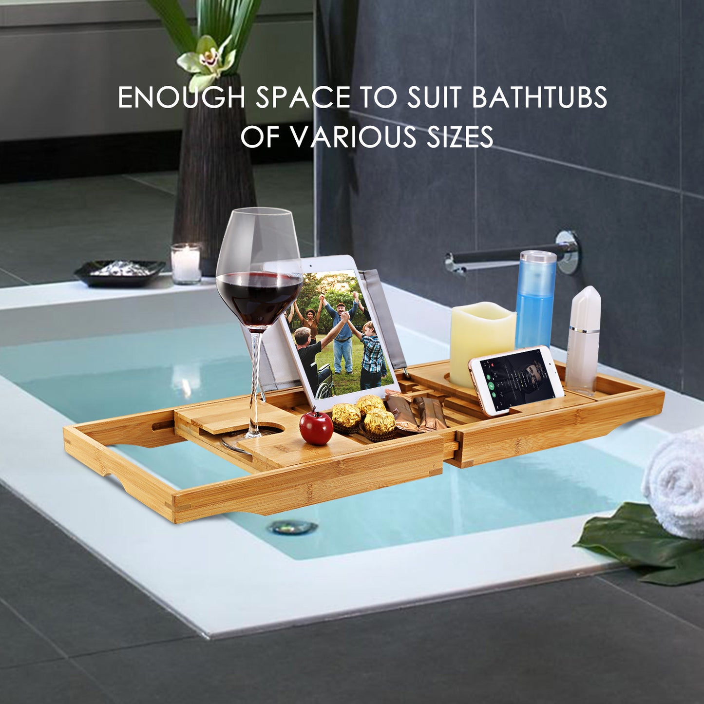 Bamboo Bathtub Caddy Tray – Expandable Bathroom Bath Shelf
