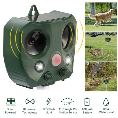 Solar-Powered Ultrasonic Animal Repeller with Motion Sensor & Flashing Lights (800mAh, IP44)